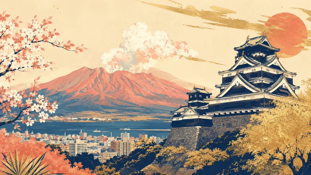 桜島と熊本城を描いた九州ひとり旅のバナー